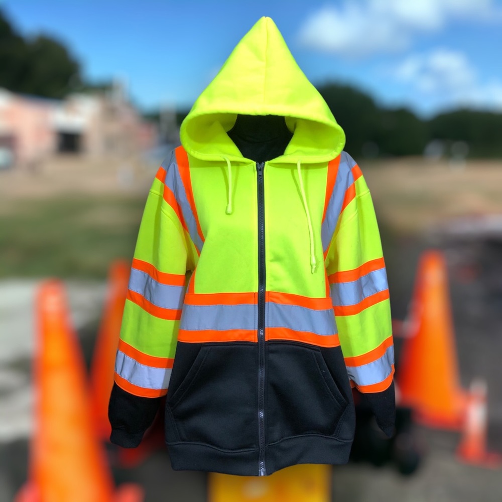Two-Tone High Visibility Zip Up Hoodie Sweatshirt ANSI Class 2 Size Large